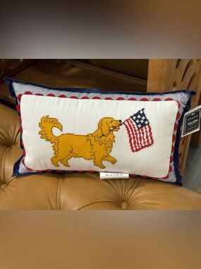 Martha Stewart White Pillow with Gold Retriever & Red, Blue Flag Accents
